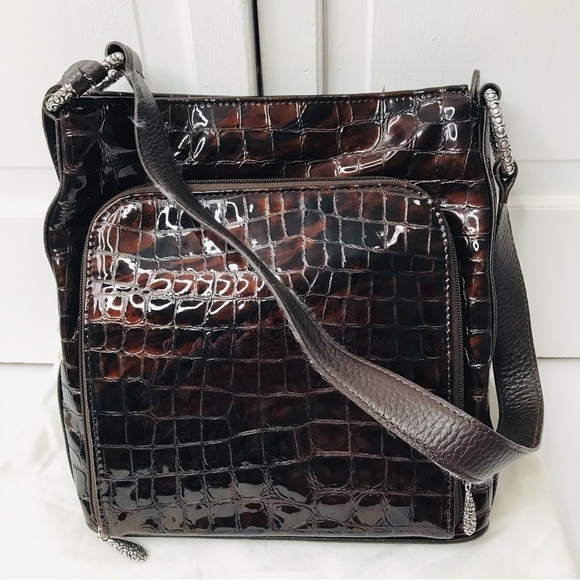 Price firm BRIGHTON COLLECTIBLES Brown Glossy Leather Croc Leather Shoulder Bag - Picture 2 of 10